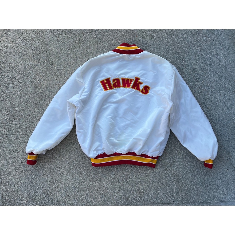 Vintage DeLong Atlanta Hawks Satin Bomber Jacket Mens XL White Red Made in USA